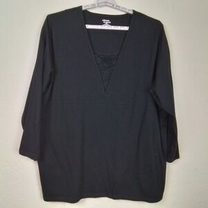 Catherines Liz‎ & Me 3X Black 100% Cotton Top Lace V-Neck Long Sleeve Plus Size